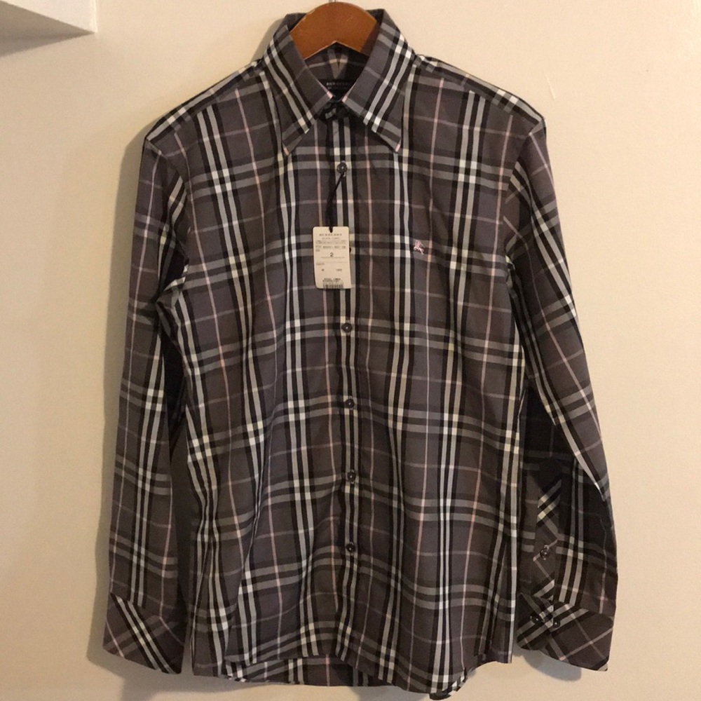 Authentic Burberry Dark Gray, pink plaid Shirt